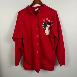 Vintage Pleasant  Womens XL Cardigan Sweater Winter Embroidered Snowman Red Warm